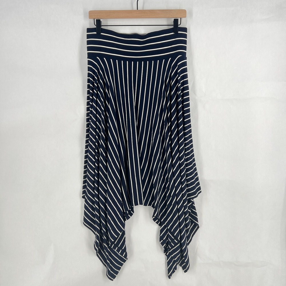 Cabi Flare Skirt Womens Medium White Blue Striped Asymmetric Hem Casual Preppy